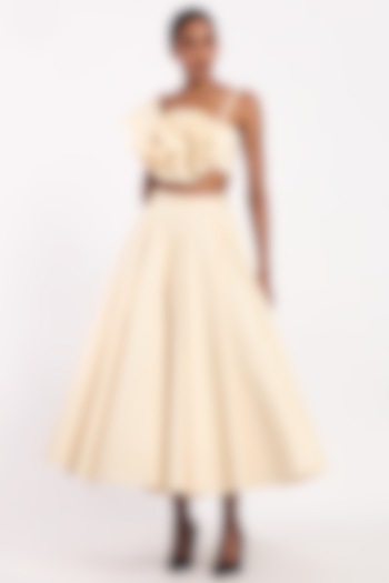 Butterscotch Cotton One-Shoulder Floral Ruffled Crop Top by Gauri And Nainika at Pernia's Pop Up Shop