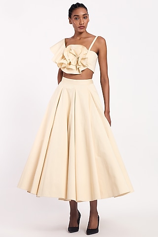 Butterscotch Cotton One-Shoulder Floral Ruffled Crop Top by Gauri And Nainika