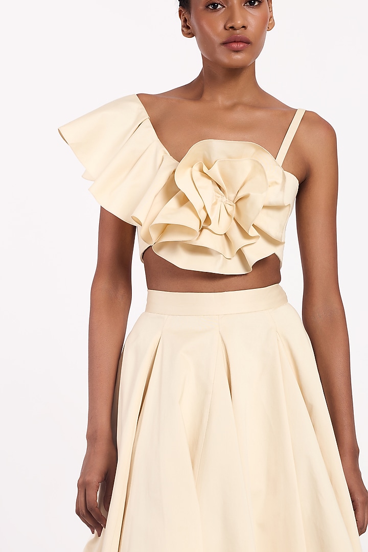 Butterscotch Cotton One-Shoulder Floral Ruffled Crop Top by Gauri And Nainika at Pernia's Pop Up Shop