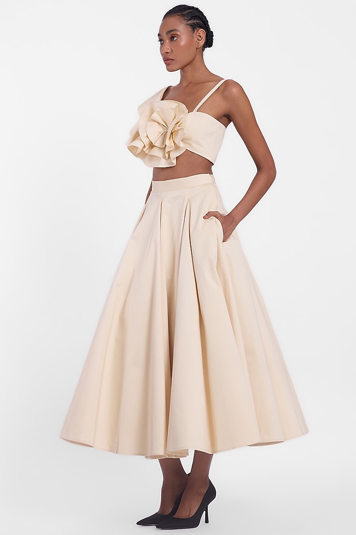 Butterscotch Cotton One-Shoulder Floral Ruffled Crop Top by Gauri And Nainika at Pernia's Pop Up Shop