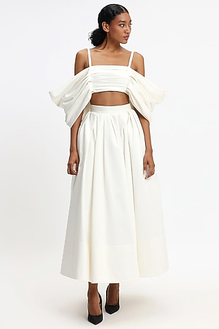 Ivory Cotton Draped Crop Top by Gauri And Nainika