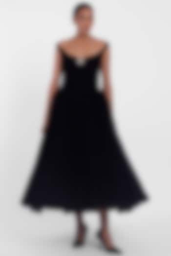 Black Velvet Off-Shoulder Midi Corset Party Wear Dress by Gauri And Nainika at Pernia's Pop Up Shop