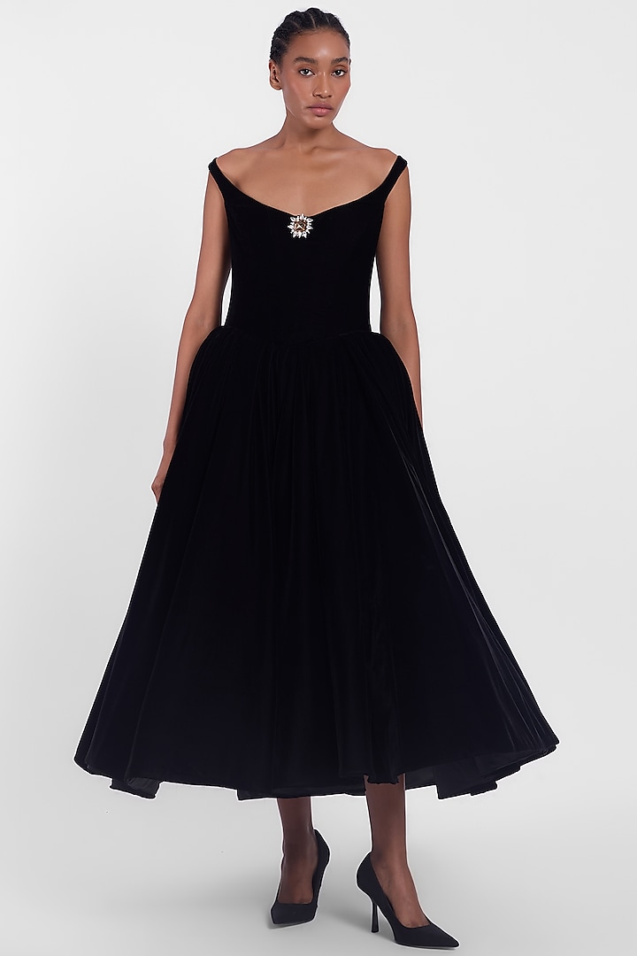 Black Velvet Off-Shoulder Midi Corset Party Wear Dress by Gauri And Nainika at Pernia's Pop Up Shop