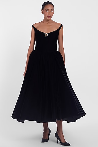 Black Velvet Off-Shoulder Midi Corset Dress by Gauri And Nainika