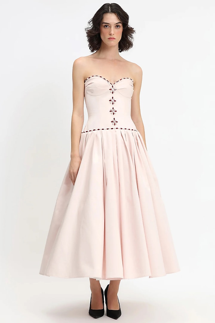 Light Pink Cotton Crystal Embroidered Strapless Maxi Party Wear Dress by Gauri And Nainika at Pernia's Pop Up Shop