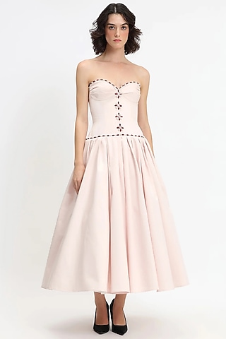 Light Pink Cotton Crystal Embroidered Strapless Maxi Dress by Gauri And Nainika