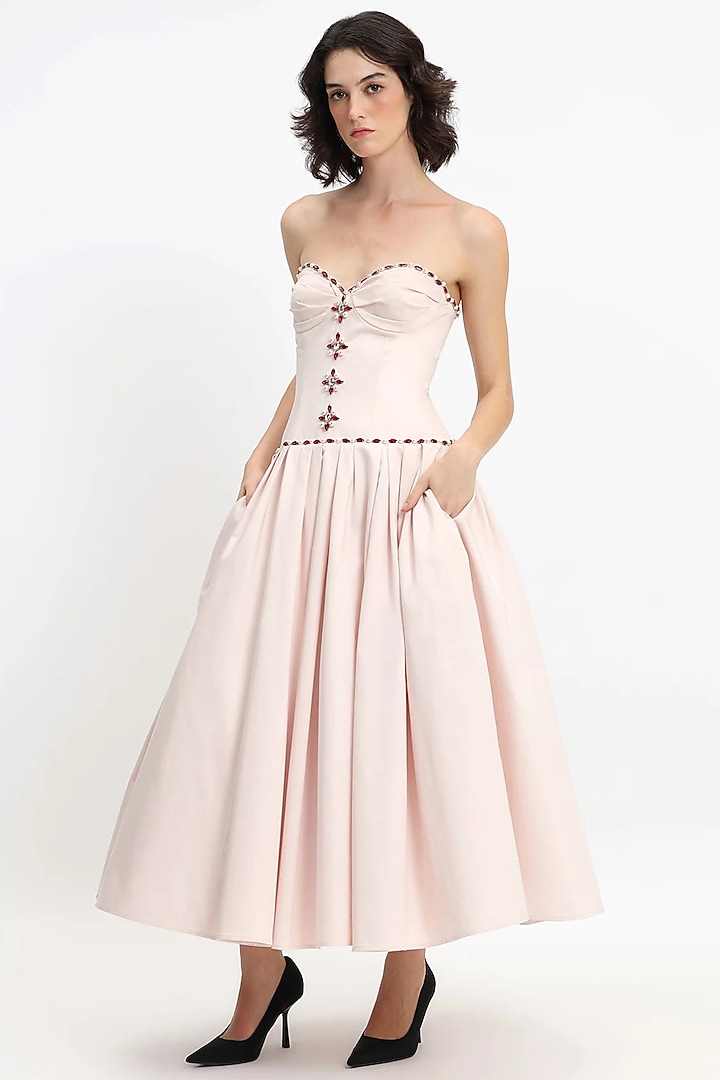 Light Pink Cotton Crystal Embroidered Strapless Maxi Party Wear Dress by Gauri And Nainika at Pernia's Pop Up Shop