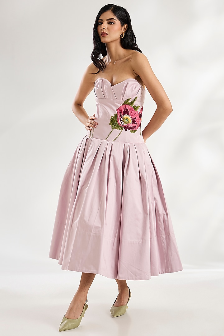Mauve Heavy Cotton Embroidered Strapless Corset Midi Party Wear Dress by Gauri And Nainika at Pernia's Pop Up Shop