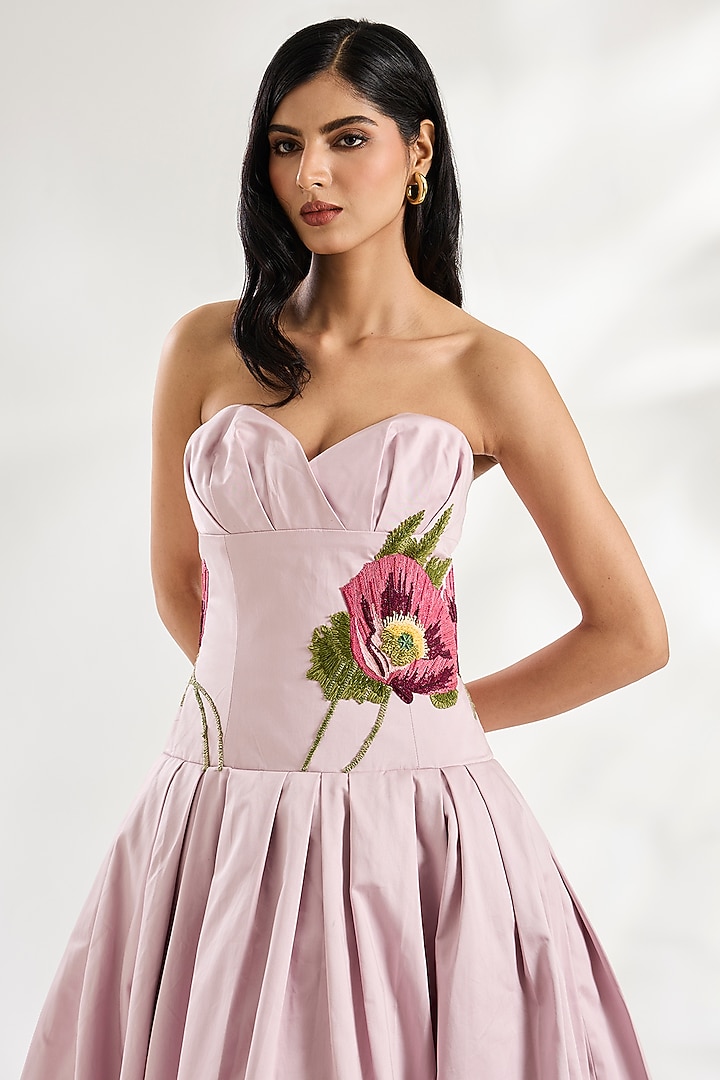 Mauve Heavy Cotton Embroidered Strapless Corset Midi Party Wear Dress by Gauri And Nainika at Pernia's Pop Up Shop