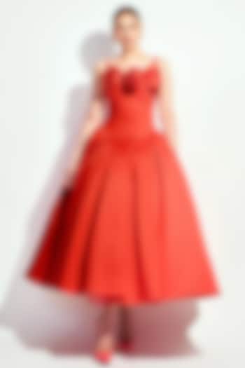 Scarlet Red Cotton Voluminous Midi Party Wear Dress by Gauri And Nainika at Pernia's Pop Up Shop