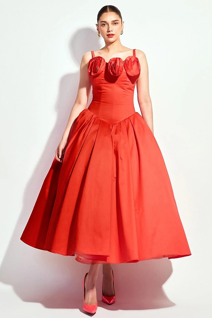 Scarlet Red Cotton Voluminous Midi Party Wear Dress by Gauri And Nainika at Pernia's Pop Up Shop