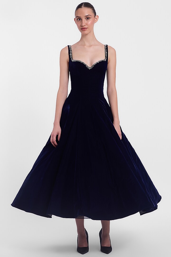 Navy Blue Velvet Dress by Gauri And Nainika at Pernia's Pop Up Shop