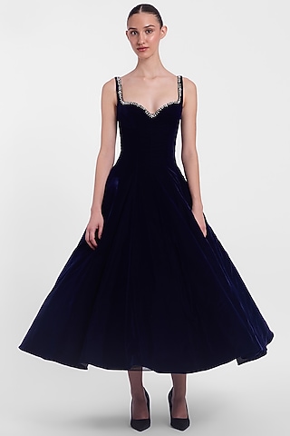 Navy Blue Velvet Dress by Gauri And Nainika