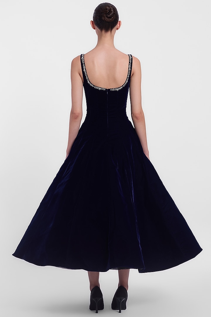 Navy Blue Velvet Party Wear Dress by Gauri And Nainika at Pernia's Pop Up Shop