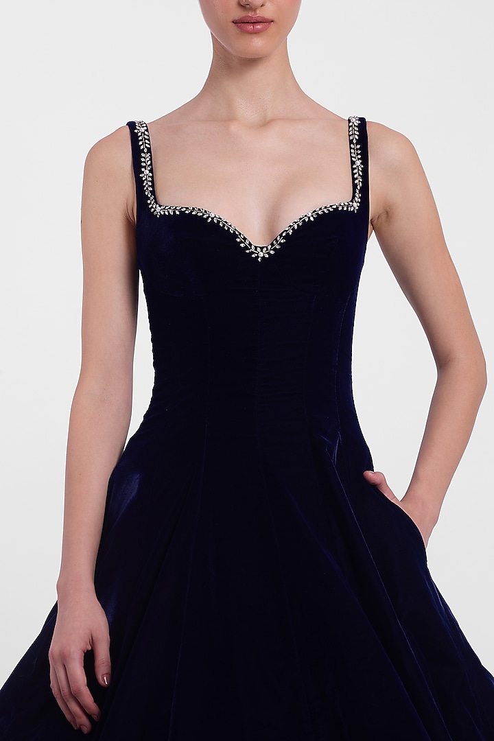 Navy Blue Velvet Party Wear Dress by Gauri And Nainika at Pernia's Pop Up Shop