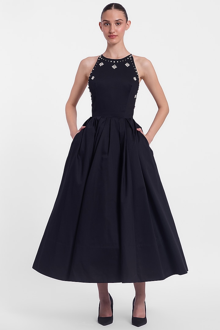 Black Cotton Pearl Embroidered Party Wear Dress by Gauri And Nainika at Pernia's Pop Up Shop