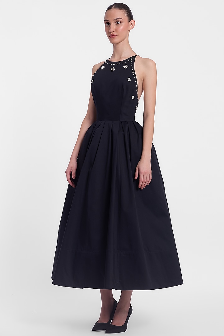 Black Cotton Pearl Embroidered Party Wear Dress by Gauri And Nainika at Pernia's Pop Up Shop