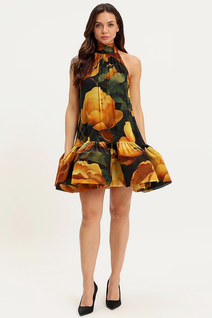 Black & Yellow Pure Chiffon Printed Party Wear Dress by Gauri And Nainika at Pernia's Pop Up Shop