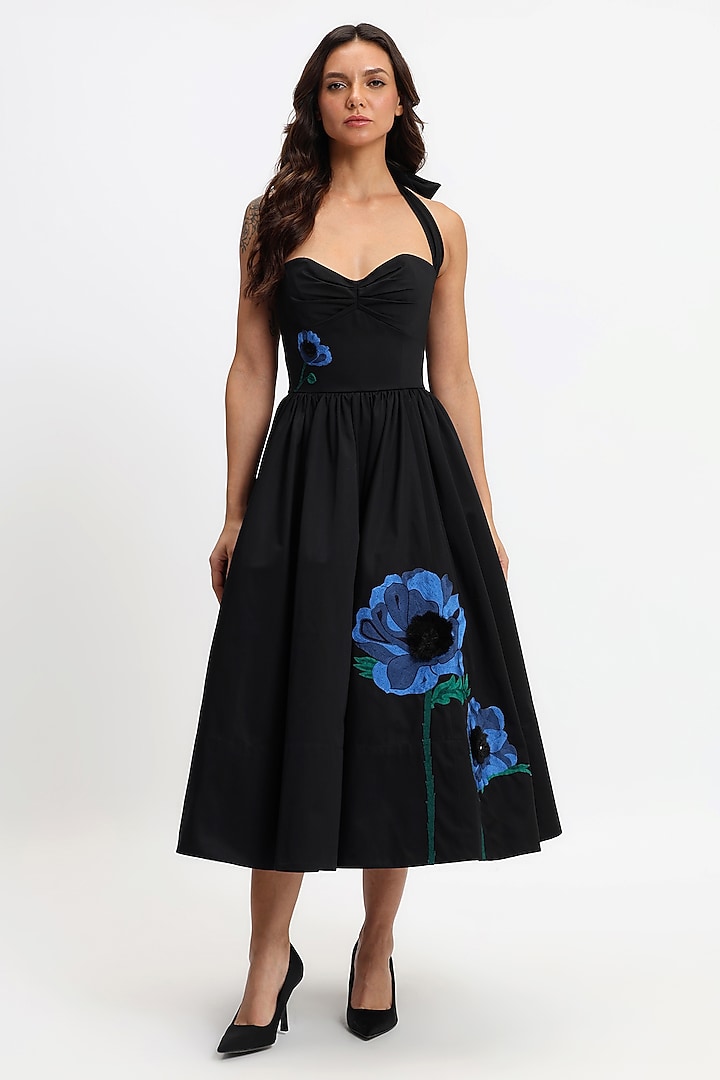 Black Cotton Botanical Embroidered Midi Party Wear Dress by Gauri and Nainika at Pernia's Pop Up Shop