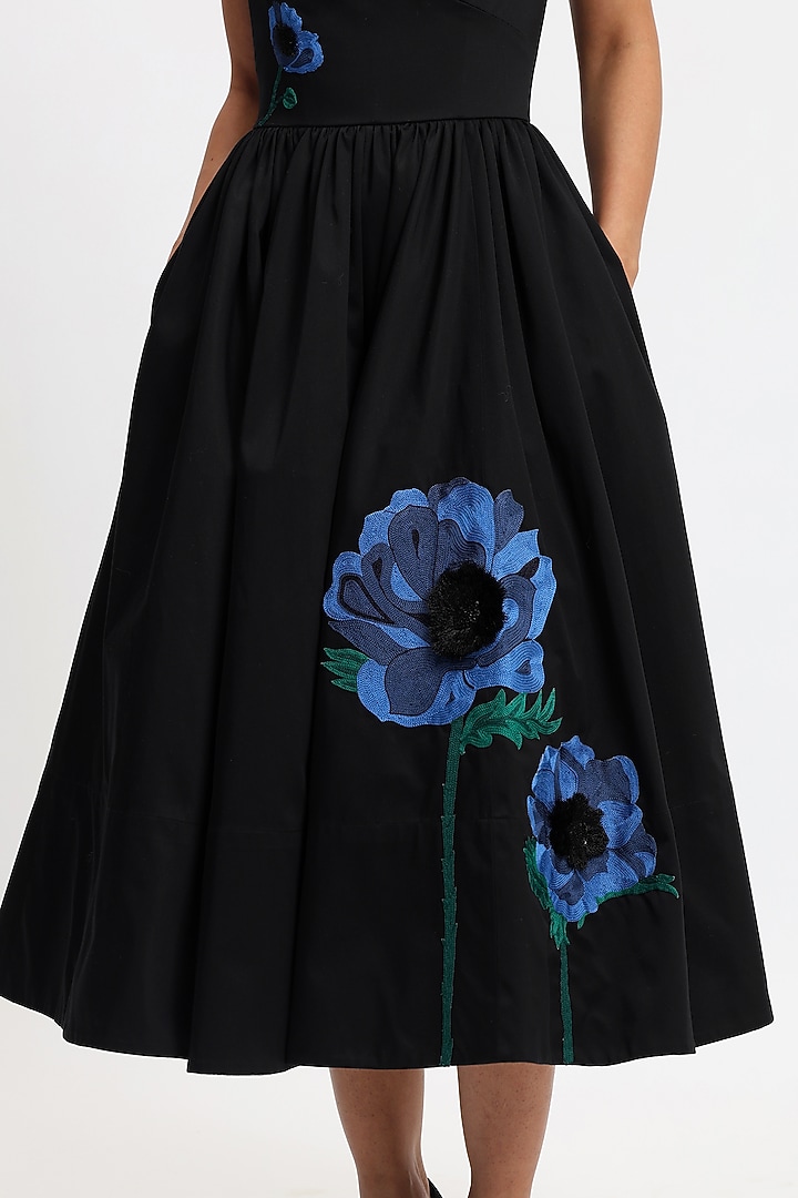 Black Cotton Botanical Embroidered Midi Party Wear Dress by Gauri and Nainika at Pernia's Pop Up Shop