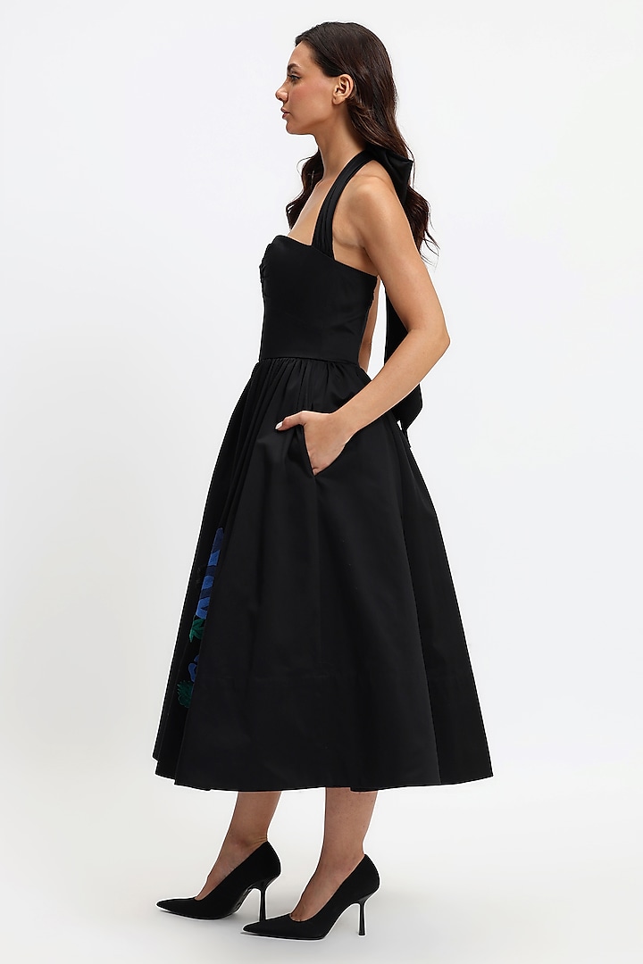 Black Cotton Botanical Embroidered Midi Party Wear Dress by Gauri and Nainika at Pernia's Pop Up Shop