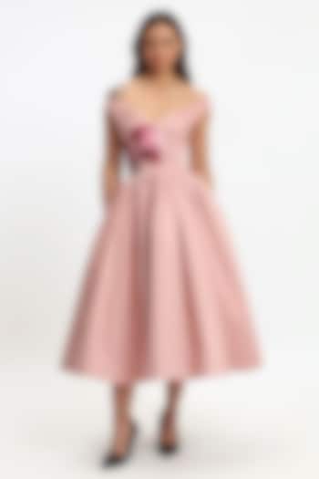 Pink Cotton Botanical Embroidered Midi Corset Party Wear Dress by Gauri and Nainika at Pernia's Pop Up Shop