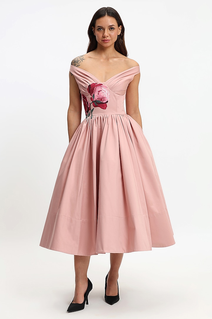 Pink Cotton Botanical Embroidered Midi Corset Party Wear Dress by Gauri and Nainika at Pernia's Pop Up Shop