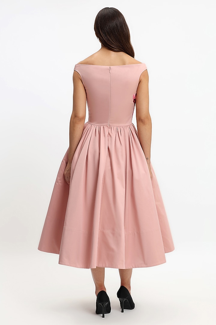 Pink Cotton Botanical Embroidered Midi Corset Party Wear Dress by Gauri and Nainika at Pernia's Pop Up Shop