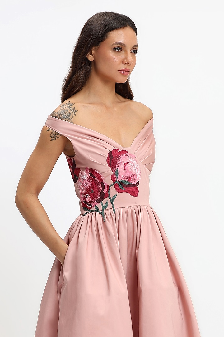 Pink Cotton Botanical Embroidered Midi Corset Party Wear Dress by Gauri and Nainika at Pernia's Pop Up Shop