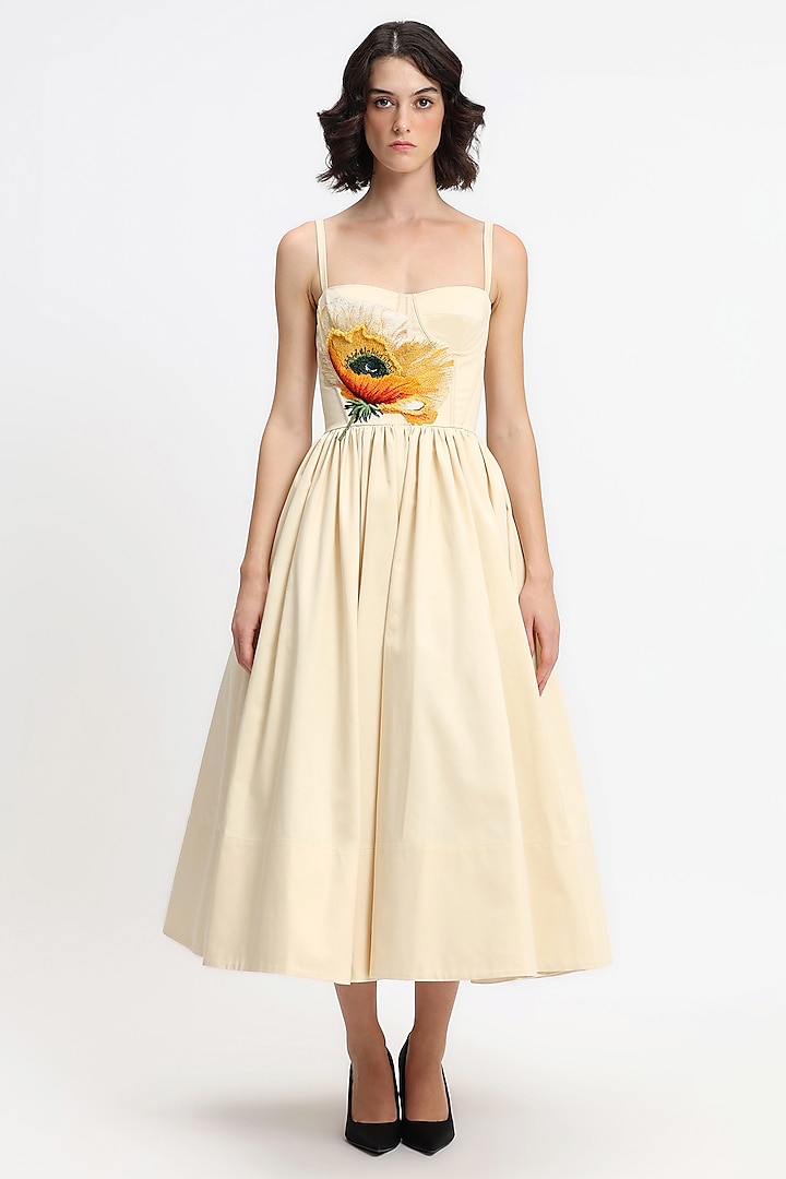 Butterscotch Yellow Cotton Hand Embroidered Midi Corset Party Wear Dress by Gauri and Nainika at Pernia's Pop Up Shop