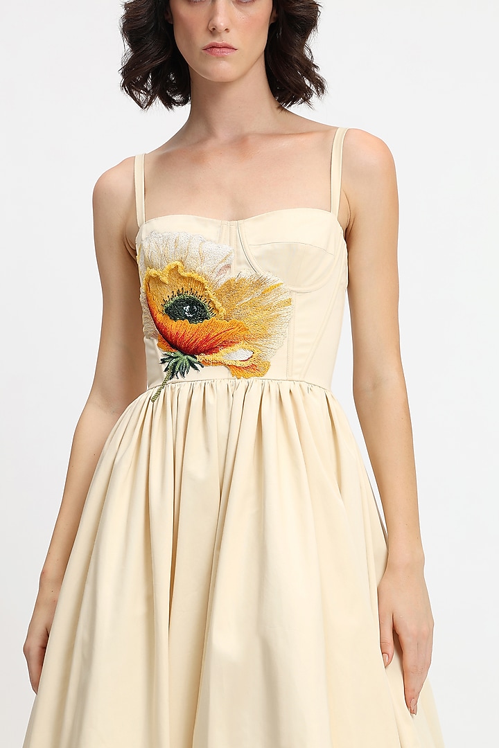 Butterscotch Yellow Cotton Hand Embroidered Midi Corset Party Wear Dress by Gauri and Nainika at Pernia's Pop Up Shop