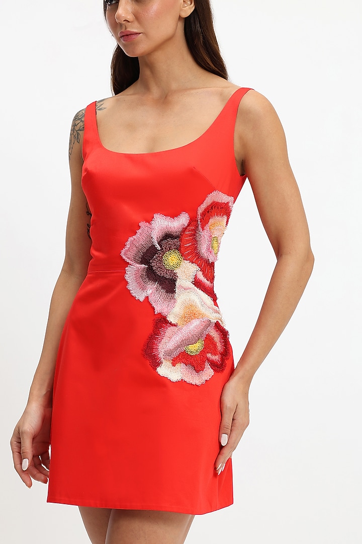 Red Cotton Hand Embroidered Mini Party Wear Dress by Gauri and Nainika at Pernia's Pop Up Shop