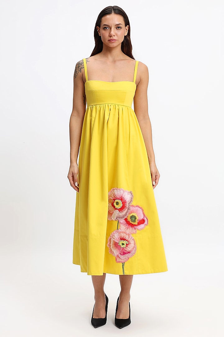 Yellow Cotton Hand Embroidered Midi Party Wear Dress by Gauri and Nainika at Pernia's Pop Up Shop
