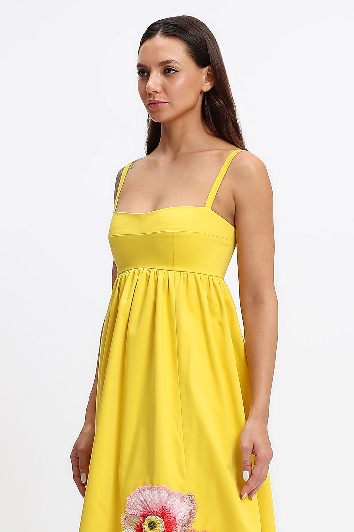 Yellow Cotton Hand Embroidered Midi Party Wear Dress by Gauri and Nainika at Pernia's Pop Up Shop