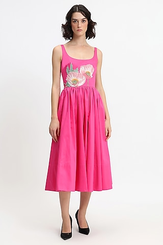Fuchsia Cotton Hand Embroidered Midi Dress by Gauri and Nainika