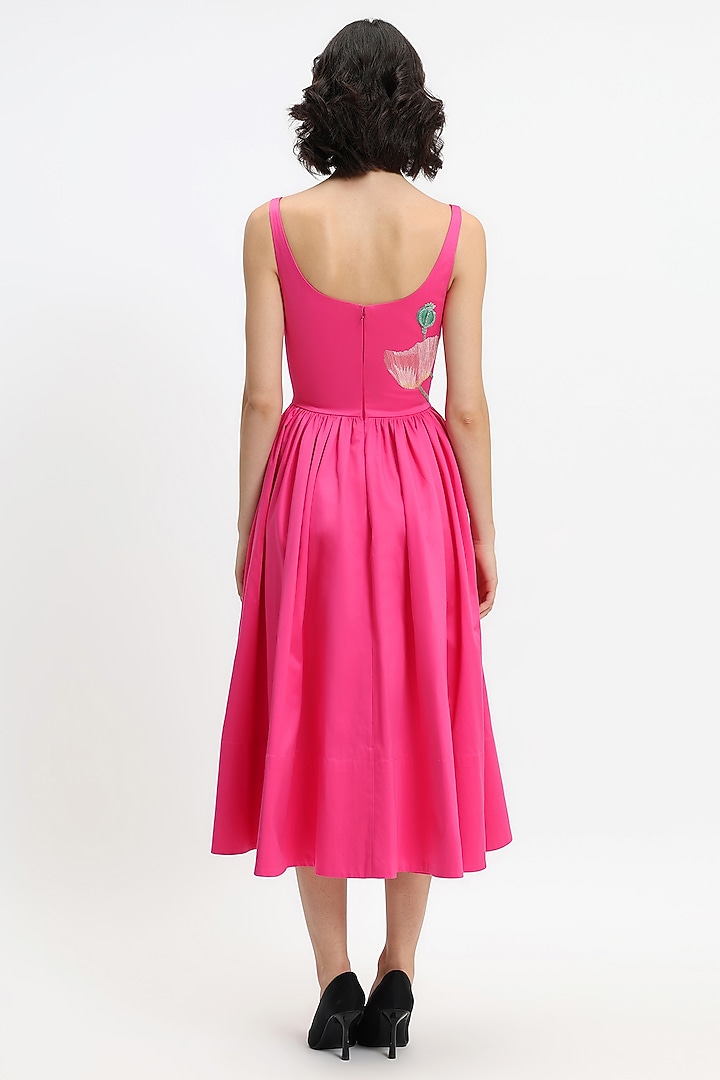 Fuchsia Cotton Hand Embroidered Midi Party Wear Dress by Gauri and Nainika at Pernia's Pop Up Shop