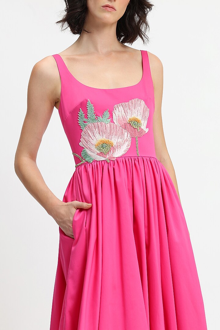 Fuchsia Cotton Hand Embroidered Midi Party Wear Dress by Gauri and Nainika at Pernia's Pop Up Shop