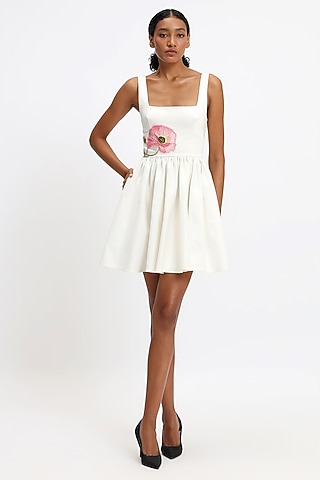 Ivory Cotton Hand Embroidered Mini Dress by Gauri and Nainika