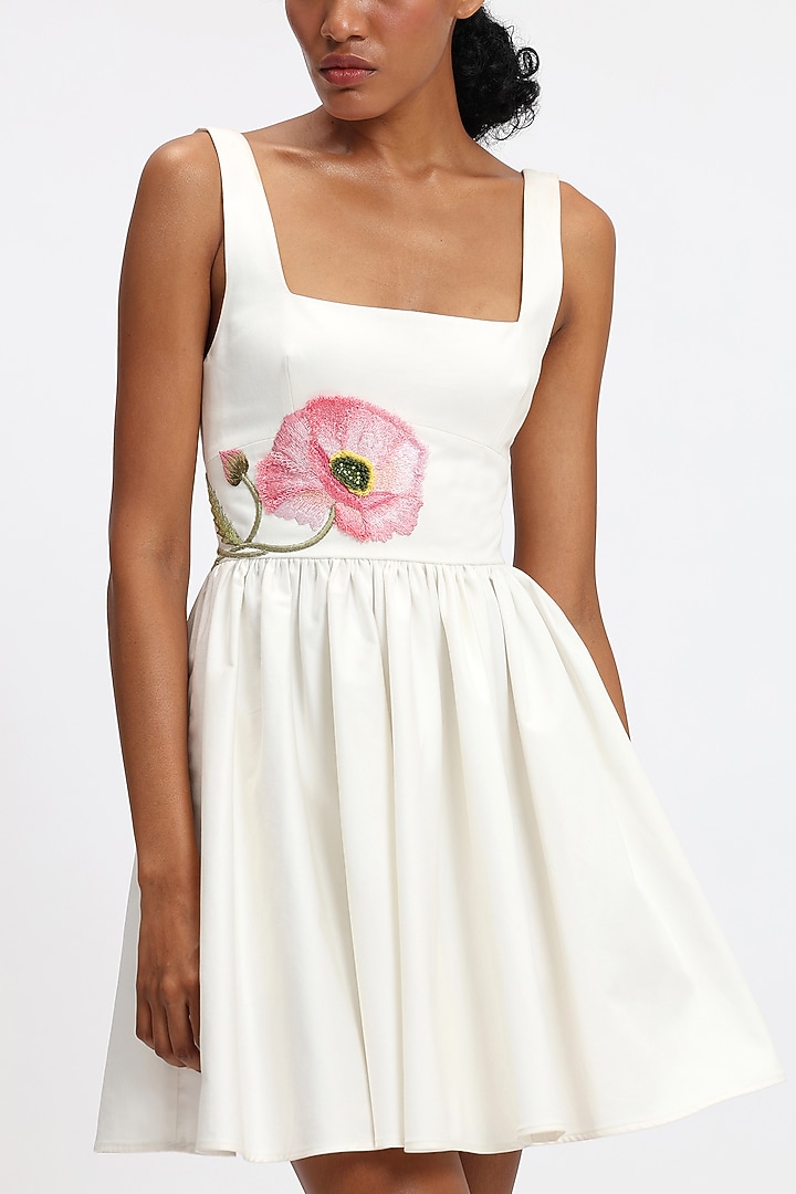Ivory Cotton Hand Embroidered Mini Cocktail Dress by Gauri and Nainika at Pernia's Pop Up Shop