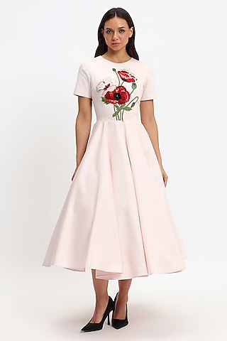 Light Pink Cotton Hand Embroidered Midi Dress by Gauri and Nainika