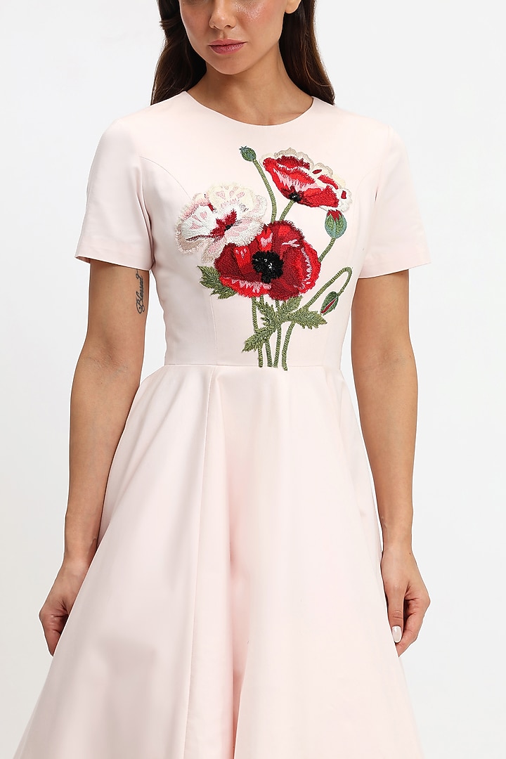 Light Pink Cotton Hand Embroidered Midi Party Wear Dress by Gauri and Nainika at Pernia's Pop Up Shop