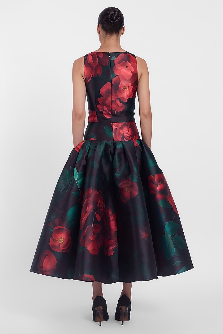 Black & Red Mikado Printed Midi Party Wear Dress by Gauri and Nainika at Pernia's Pop Up Shop