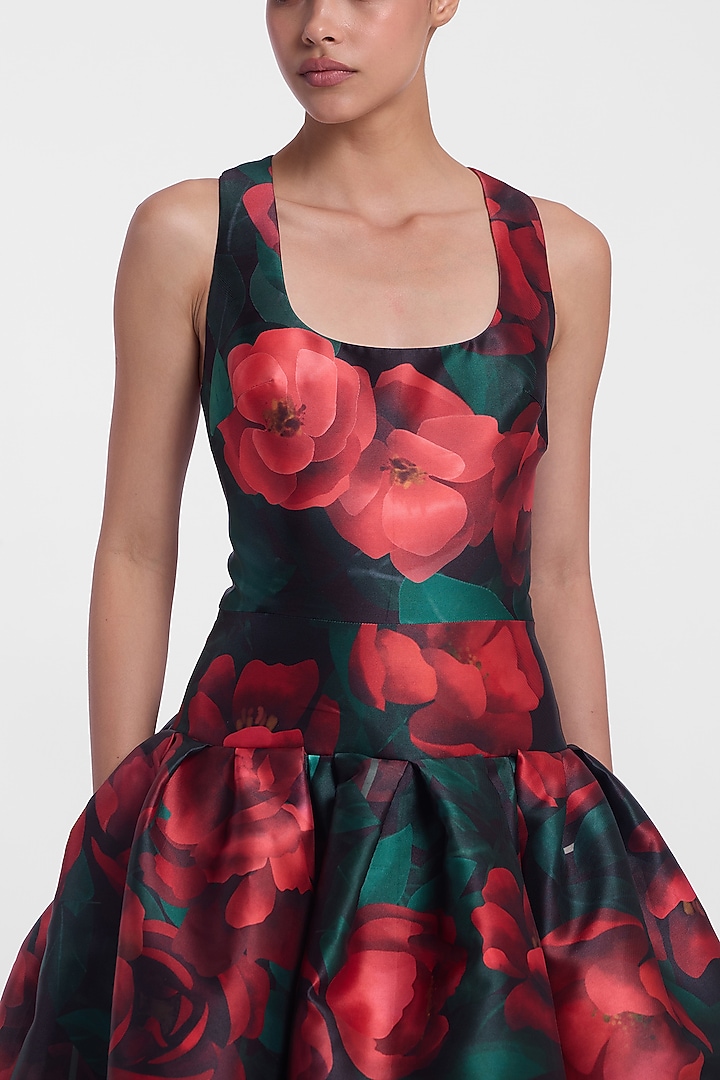 Black & Red Mikado Printed Midi Party Wear Dress by Gauri and Nainika at Pernia's Pop Up Shop