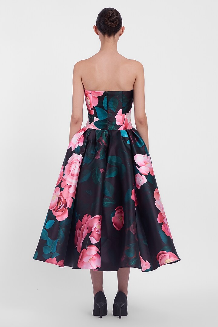 Black & Pink Mikado Printed Strapless Midi Party Wear Dress by Gauri and Nainika at Pernia's Pop Up Shop