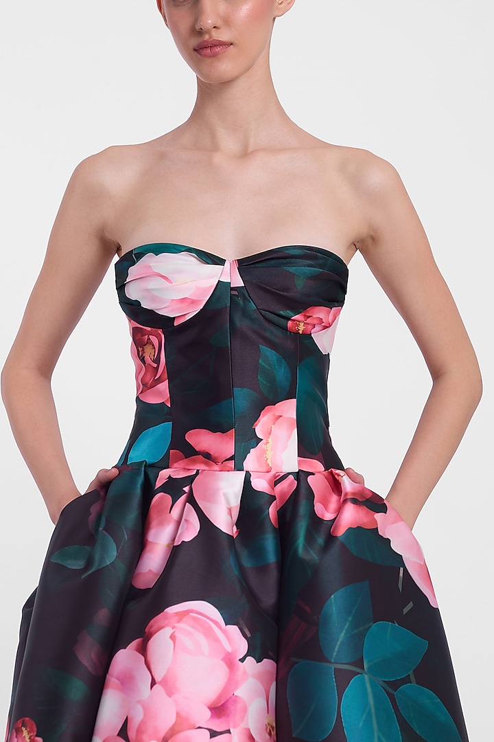 Black & Pink Mikado Printed Strapless Midi Party Wear Dress by Gauri and Nainika at Pernia's Pop Up Shop
