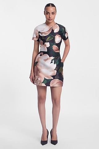 Black & Ivory Mikado Printed Mini Dress by Gauri and Nainika