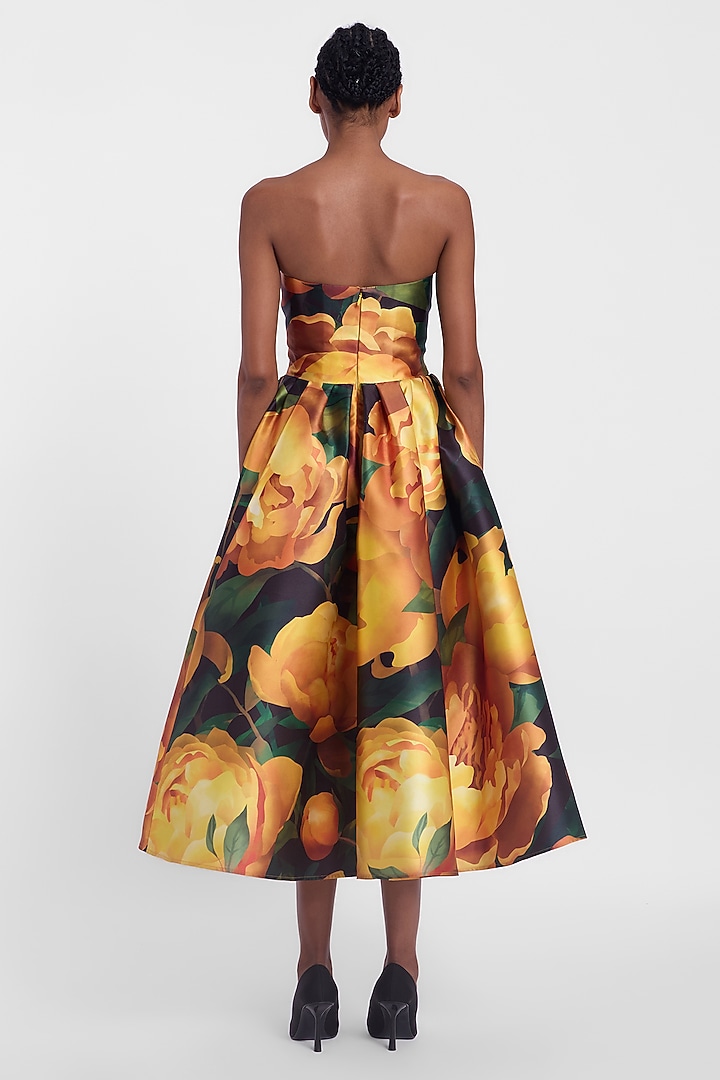 Black & Yellow Mikado Printed Strapless Midi Party Wear Dress by Gauri and Nainika at Pernia's Pop Up Shop