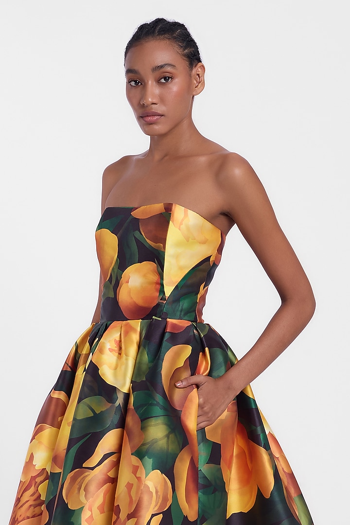 Black & Yellow Mikado Printed Strapless Midi Party Wear Dress by Gauri and Nainika at Pernia's Pop Up Shop