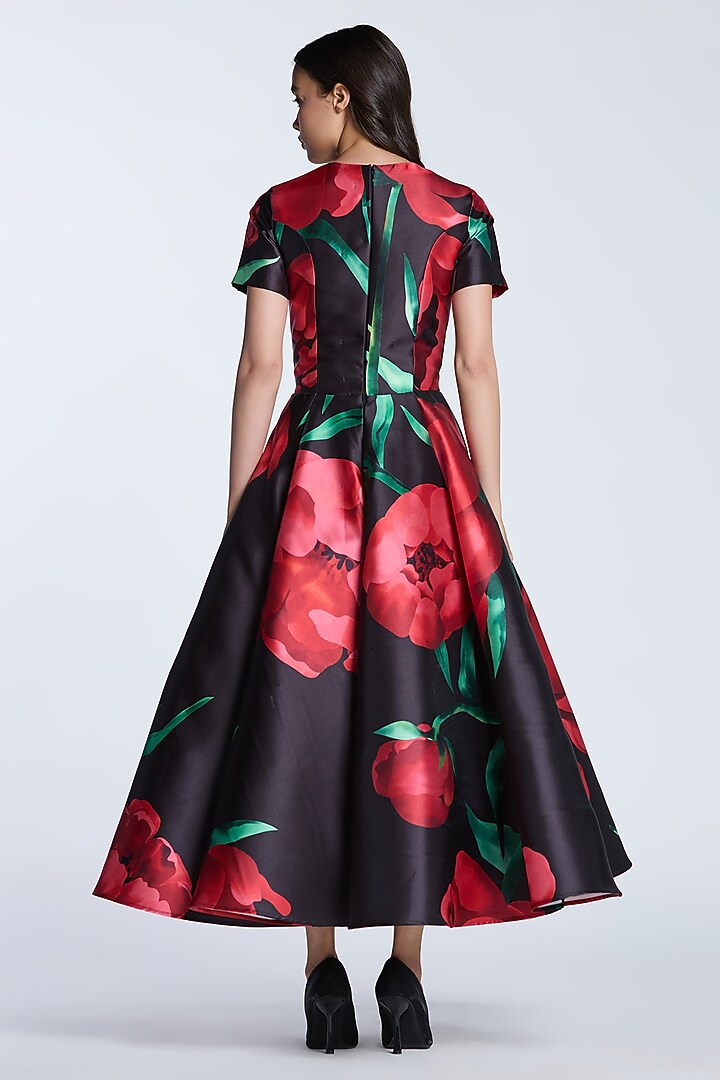 Black & Red Mikado Printed Midi Party Wear Dress by Gauri and Nainika at Pernia's Pop Up Shop