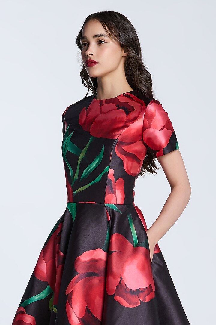 Black & Red Mikado Printed Midi Party Wear Dress by Gauri and Nainika at Pernia's Pop Up Shop